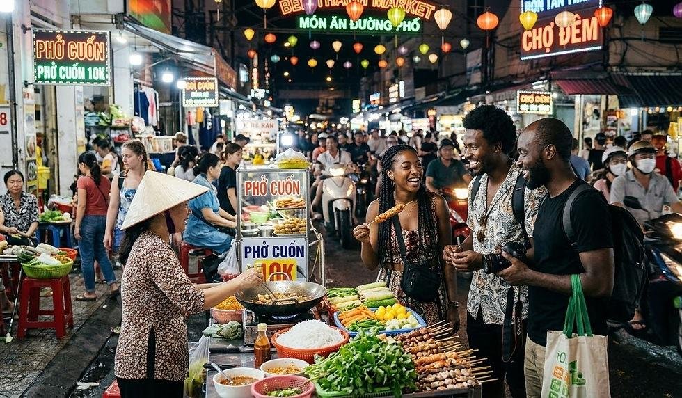 AI-generated illustration of Vietnamese urban life and local travel experiences