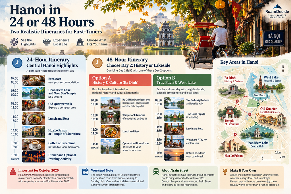 Illustrated Hanoi 24- and 48-hour itineraries featuring Hoan Kiem Lake, the Old Quarter, Ba Dinh and West Lake