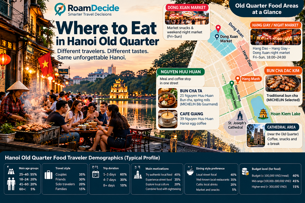 Illustrated Hanoi Old Quarter food guide showing Bun Cha Ta, Bun Cha Dac Kim, Cafe Giang, Dong Xuan Market and nearby dining areas