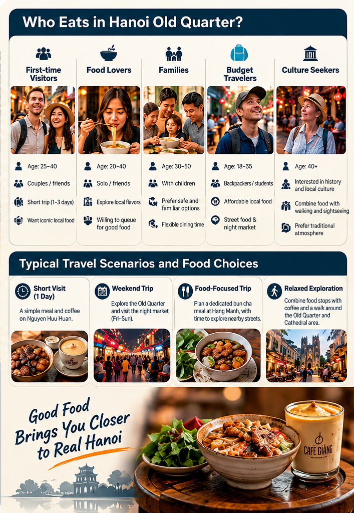 Illustrated traveler profiles and suggested food experiences in Hanoi Old Quarter for families, first-time visitors and food lovers