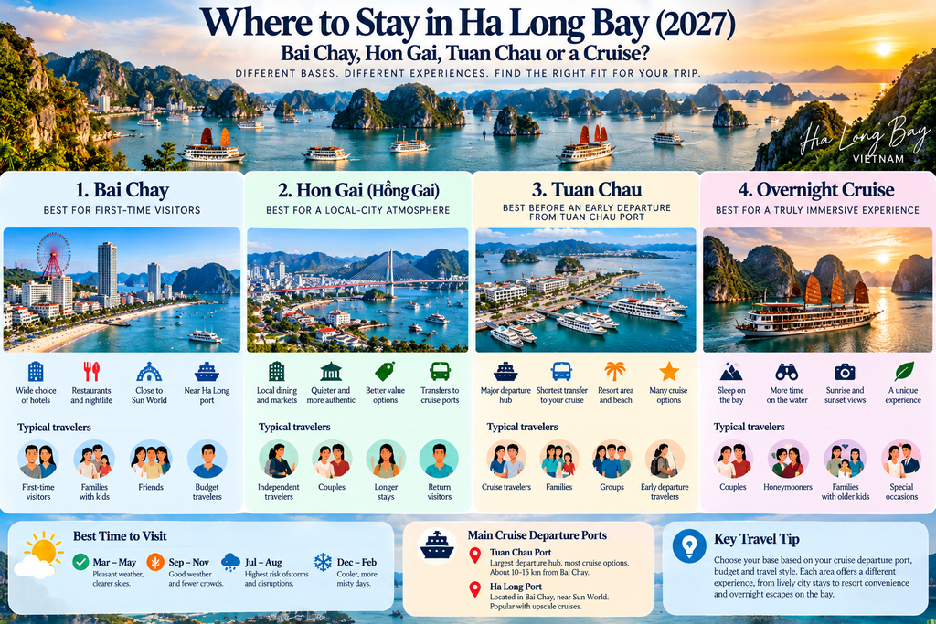 Ha Long Bay travel illustration comparing mainland stays and cruise options