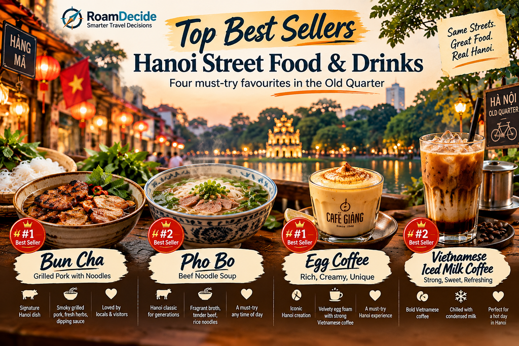 Hanoi food tour versus self-guided food walk infographic featuring Hanoi Old Quarter and traveler decision options