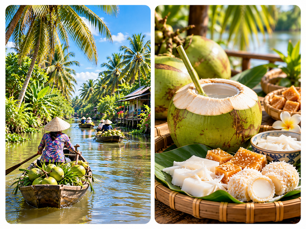 Illustrated Ben Tre coconut canals and regional coconut food