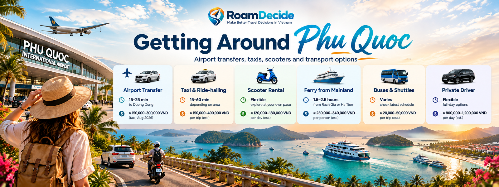 Getting around Phu Quoc infographic comparing airport transfers taxis scooter rental ferries buses and private drivers