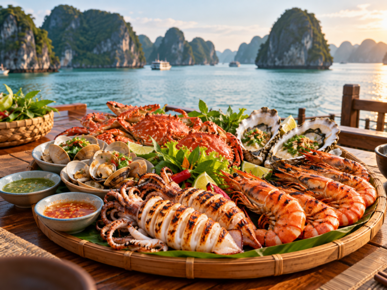 AI-generated illustration of a seafood platter near Ha Long Bay