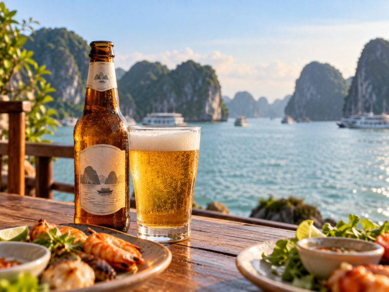 AI-generated illustration of a sunset seafood dinner overlooking Ha Long Bay