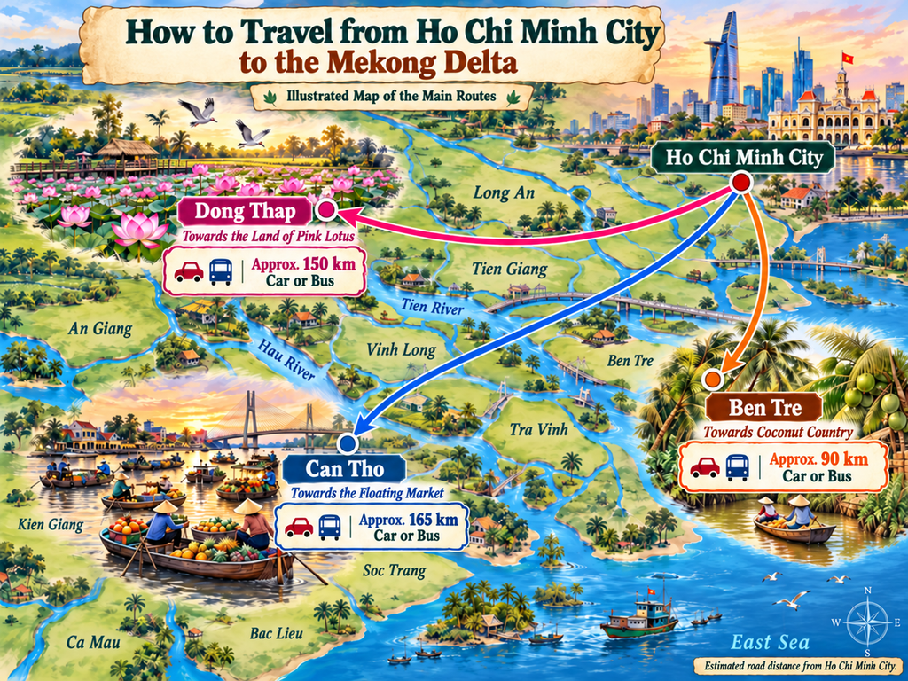 Illustrated approximate driving directions from Ho Chi Minh City to Ben Tre, Can Tho and Dong Thap