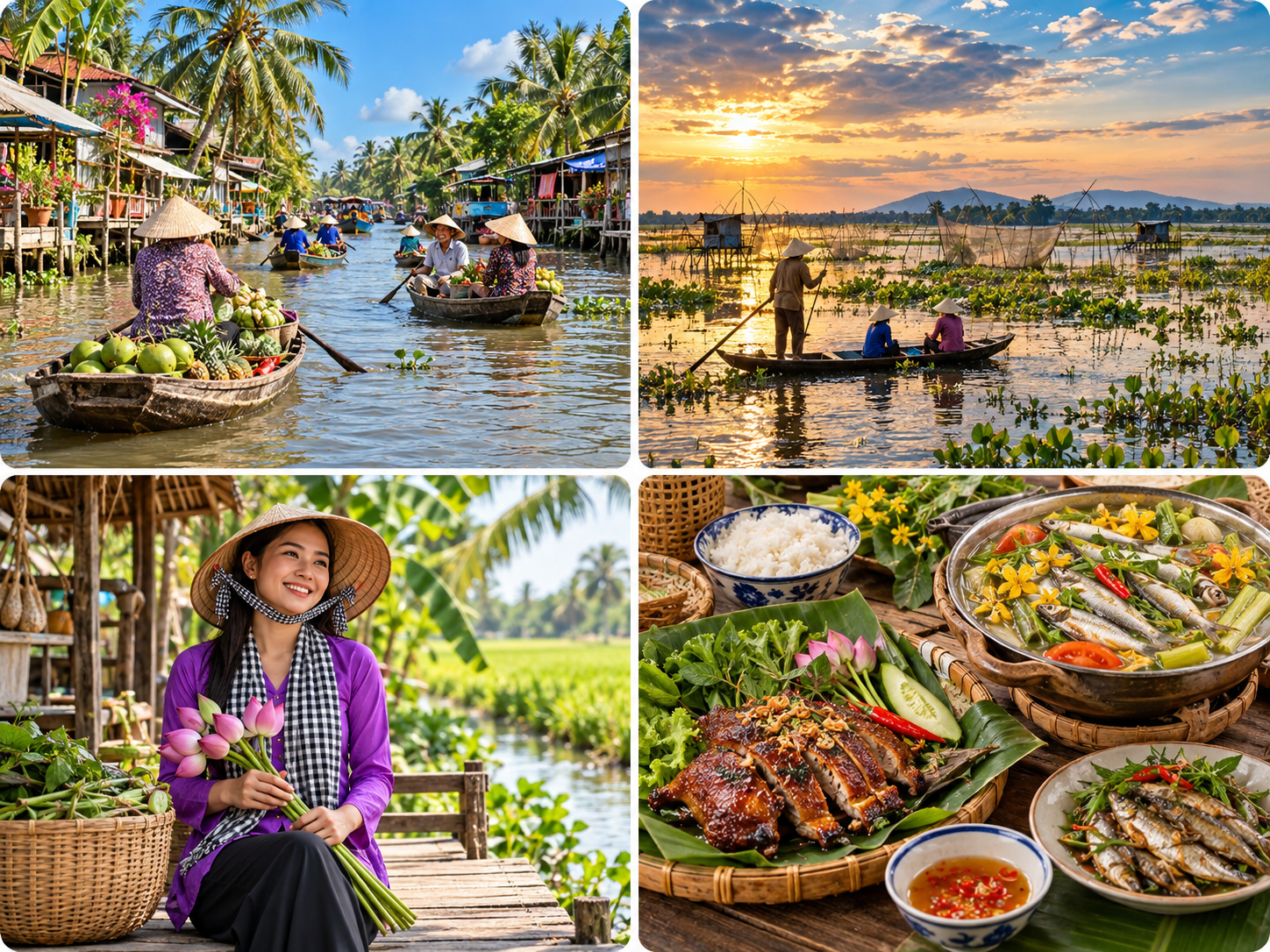 AI-generated four-panel Mekong Delta illustration of waterways, flood season, traditional clothing and food