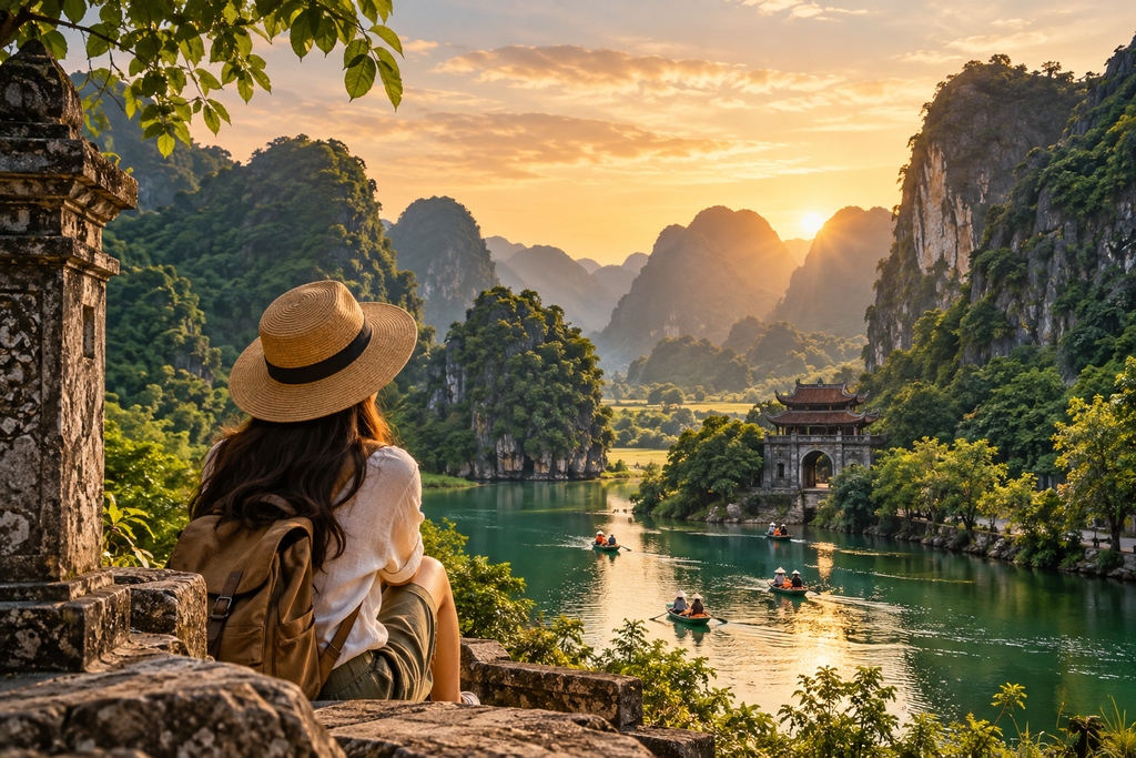 Ninh Binh travel landscape with limestone karsts, river boats and warm evening light, illustrating a day trip versus an overnight stay
