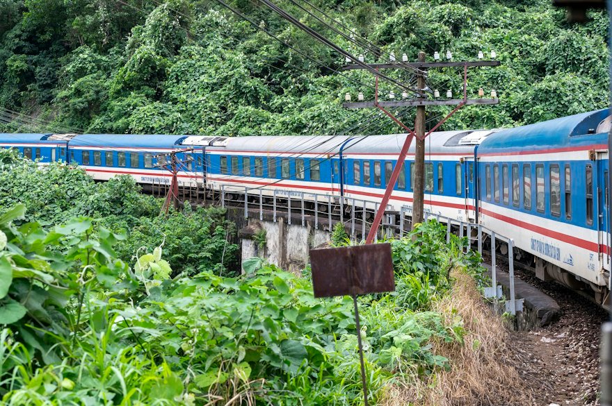 Passenger train on a coastal route in Vietnam