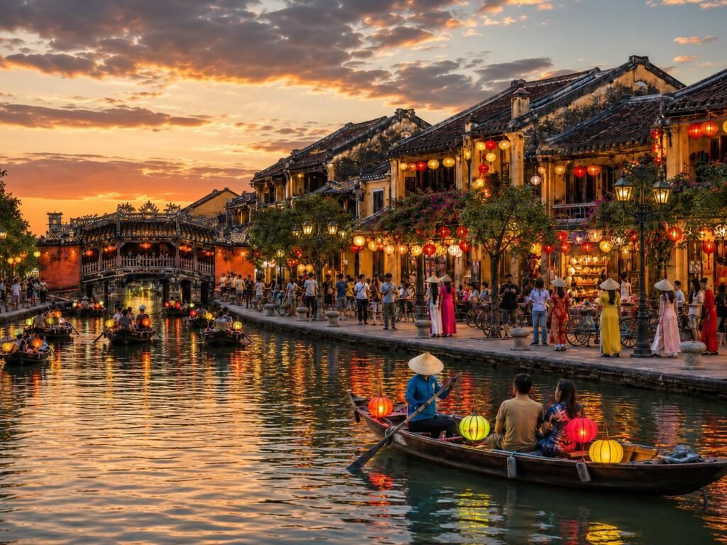 AI-generated illustration of central Vietnam heritage, riverside life and tourism