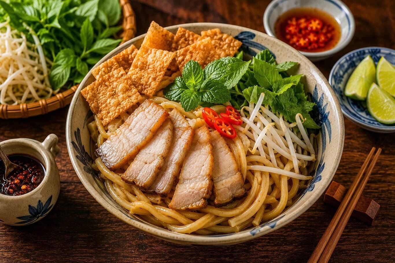 Cao lầu noodles with pork slices, herbs and bean sprouts